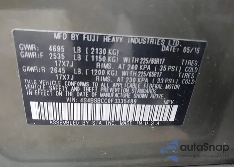 2015 Subaru Outback 2.5I Premium from USA, damaged, VIN 4S4BSBCC0F3335489